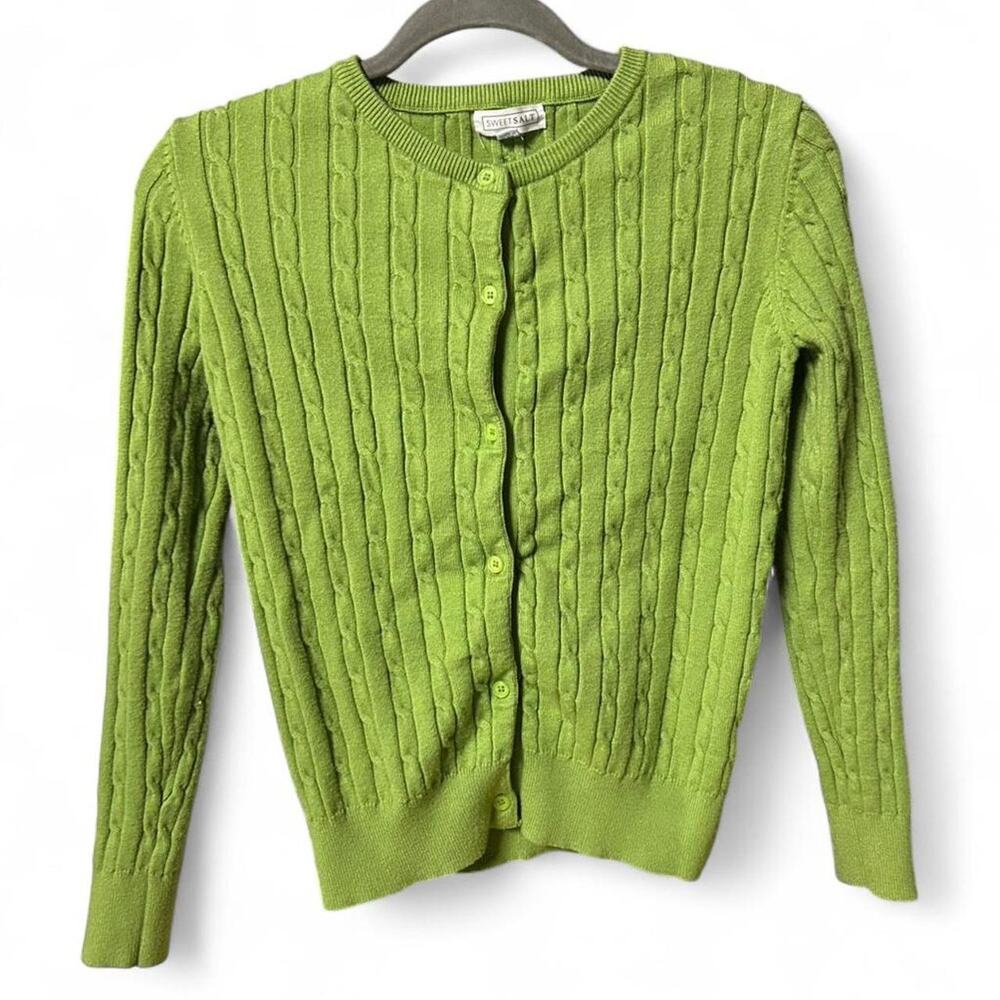 XS S apple green cable knit cardigan with button front Sweet Salt